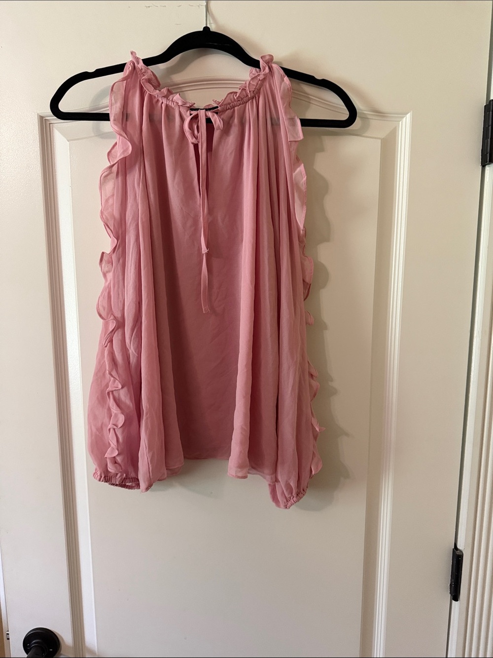 1.STATE Pink Ruffle Tie-Neck Blouse